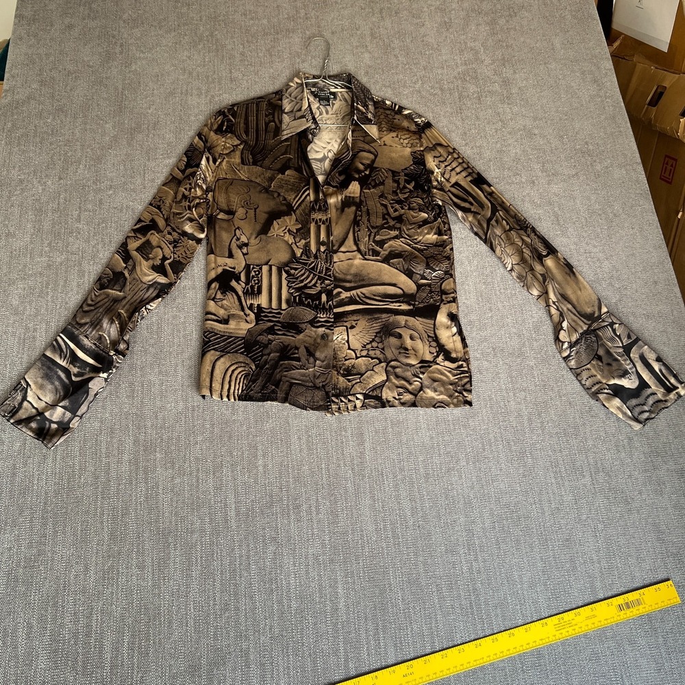 Timney Fowler Shirt Top Womens S Multi Slik Mythological Toile Print Button Up